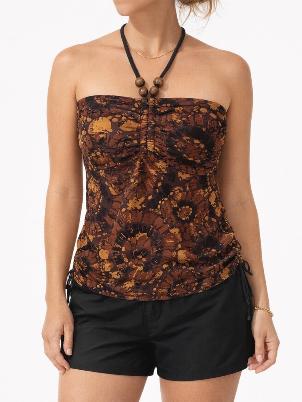 Liz Lange Tankini Halter Tie Top Ruched V-neck/Sides Wooden Accent Brown Black S